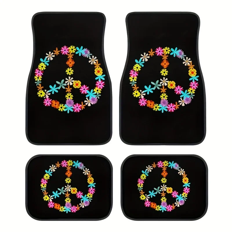 Peace Sign Flower Themed Car Floor Mats Universal Fit for SUV All-Weather Vehicle Floor Mats Anti-Slip Car Interior Accessories