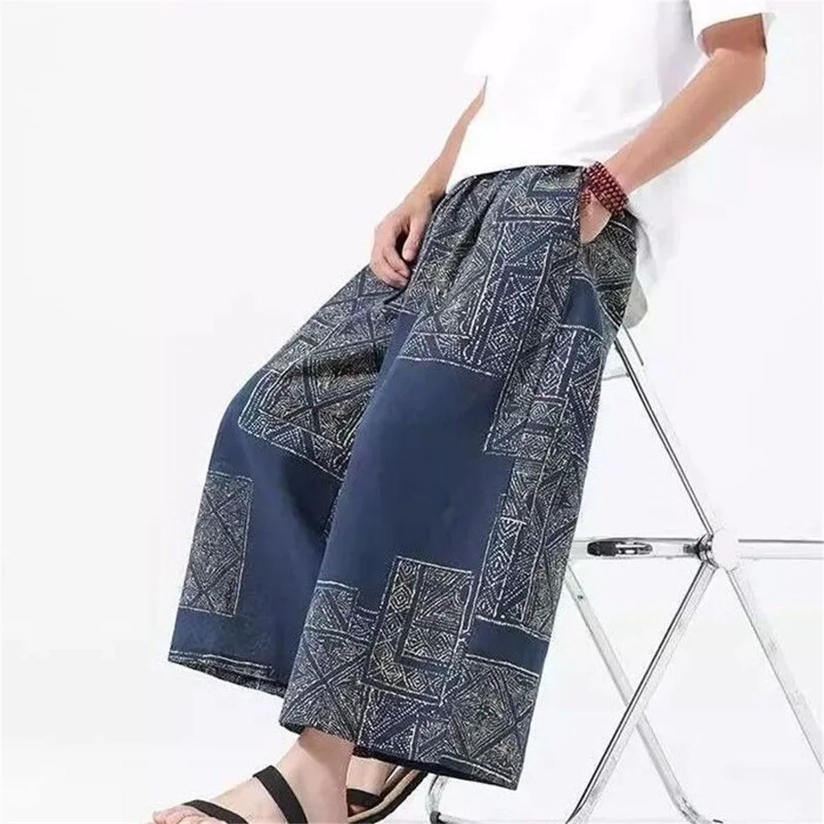 Sommerliche Herrenhose mit lockerem, geradem Bein, Patchwork-Design, weites Bein, Retro-Chinesischer Stil, lässige, lockere Passform, Herrenmode – Detail 6