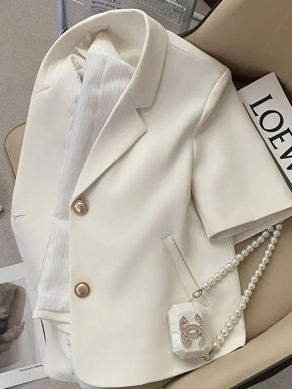 

Beige Short Sleeve Ladies' Small Suit Jacket 2026 Summer New Style Commute Short Size Women's Fashion Nylon Breathable
