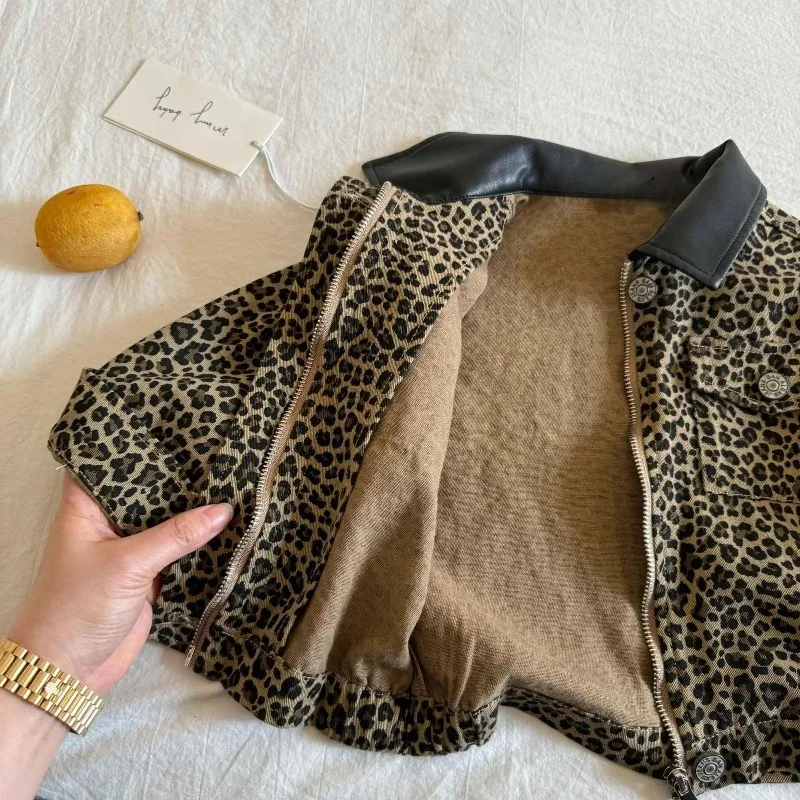 Kinder-Leopardenmuster-Mantel 2025 Frühling und Herbst Neue Lässige Jungen-Jacke Personalisierter Trendiger Baby-Oberteil mit Taschen
