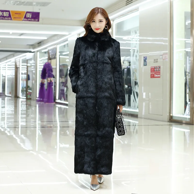 売れ筋新作 本物のウサギ毛皮 本革ジャケット 秋冬 ロング丈 高品質ウサギ毛皮コート 工場直販