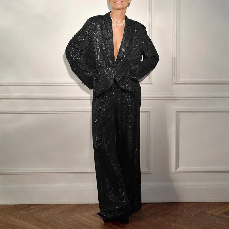 Elegante giacca con paillettes Pantaloni 2 pezzi Completi da donna Lucido con un bottone Risvolto Cappotto a maniche lunghe Pantalone a gamba larga Nuovo in abito coordinato