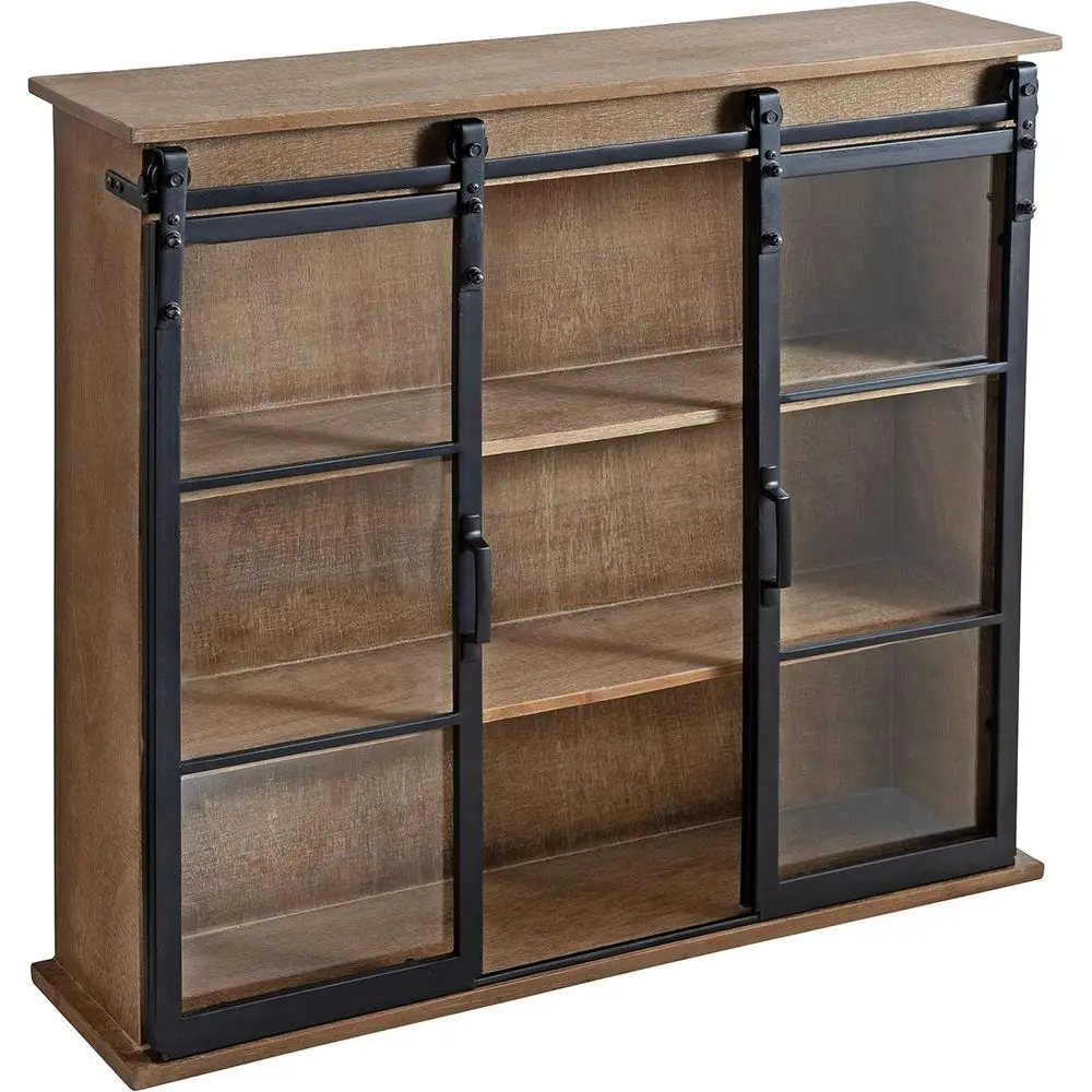 

Коричневый деревянный шкаф в стиле сарая в деревенском стиле с раздвижными стеклянными дверями, 30 x 28, современное хранилище в фермерском доме