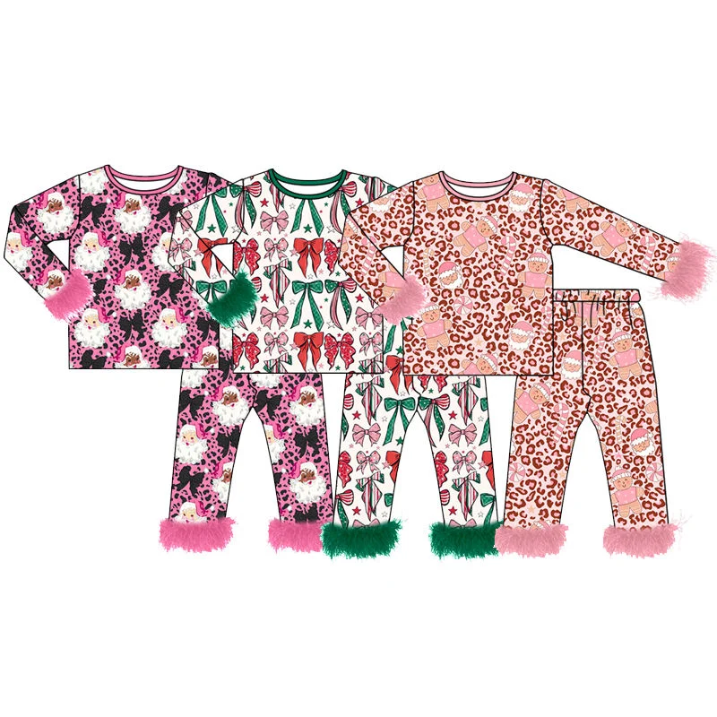 Toddler Girl Christmas 2 Piece Set Fluffy Feather Cuff Santa Leopard Bow Print Kids Nightwear