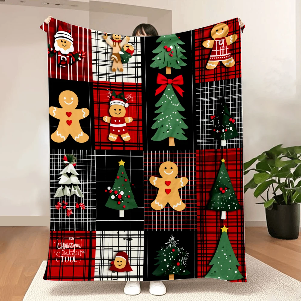 1PC Christmas Gingerbread Man and Christmas Tree Print Blanket-Made of soft and comfortable flannel, perfect for sofas, beds. Id
