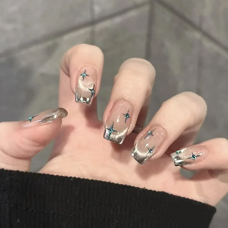 24 adet Glitter Elmas Çivi Üzerinde Basın Allık Pembe Kedi Gözü takma tırnak Tatlı Sevimli Tabut Tam Kapak Kısa Kare Yanlış Nail İpuçları Sanat