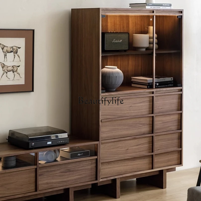 

Medieval solid wood dining side cabinet, black walnut color integrated storage cabinet against the wall