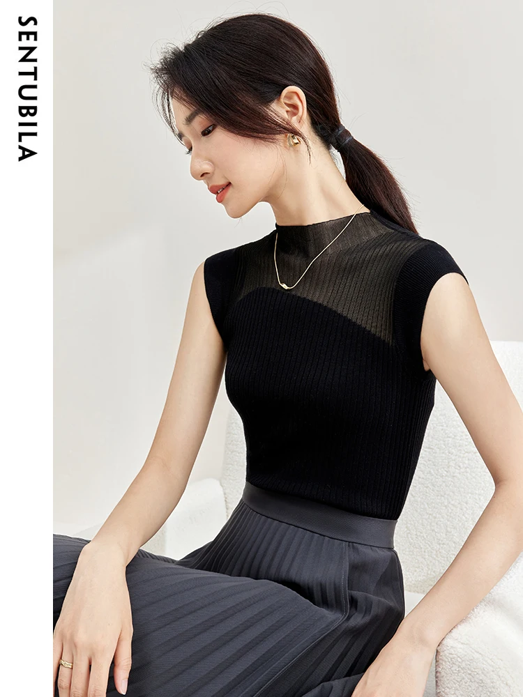 SENTUBILA Sheer Patchwork Knit Tops for Women Sexy Slim Fit Tank Top 2024 Spring Summer Mock Neck Sleeveless Knitwear W33I51670