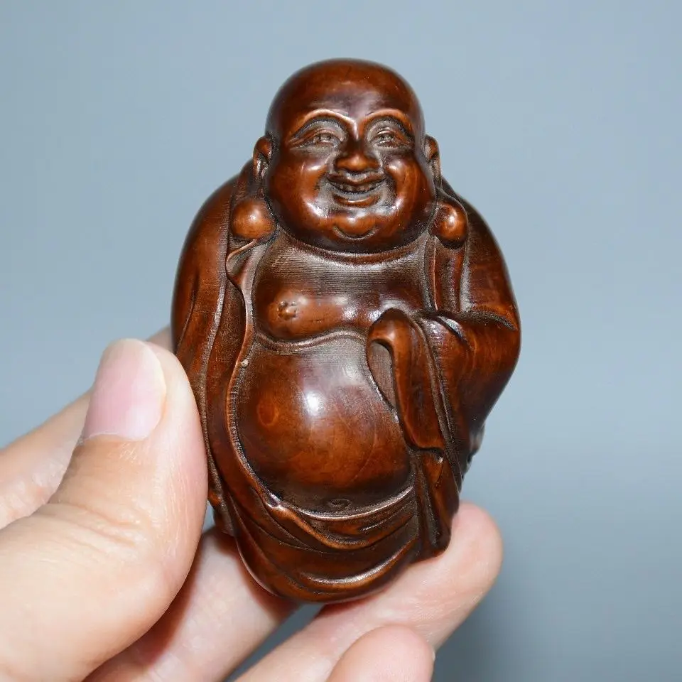 Hand Carved Wood laughing Maitreya Buddha Statue Figurine Desktop Ornaments Home Decoration Crafts Tea Pet Decor