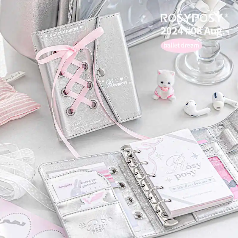 Kawaii Ballet Ribbon M5 Notebook Silver Leather Binder Loose Leaf Journal Girl Student Diary Notebook M5 다이어리 72pages