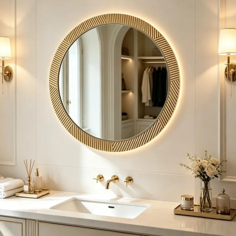 Round Wood Grain LED Smart Bathroom Mirror Nordic Style Luminous Dressing Mirror for Hotel Wholesale