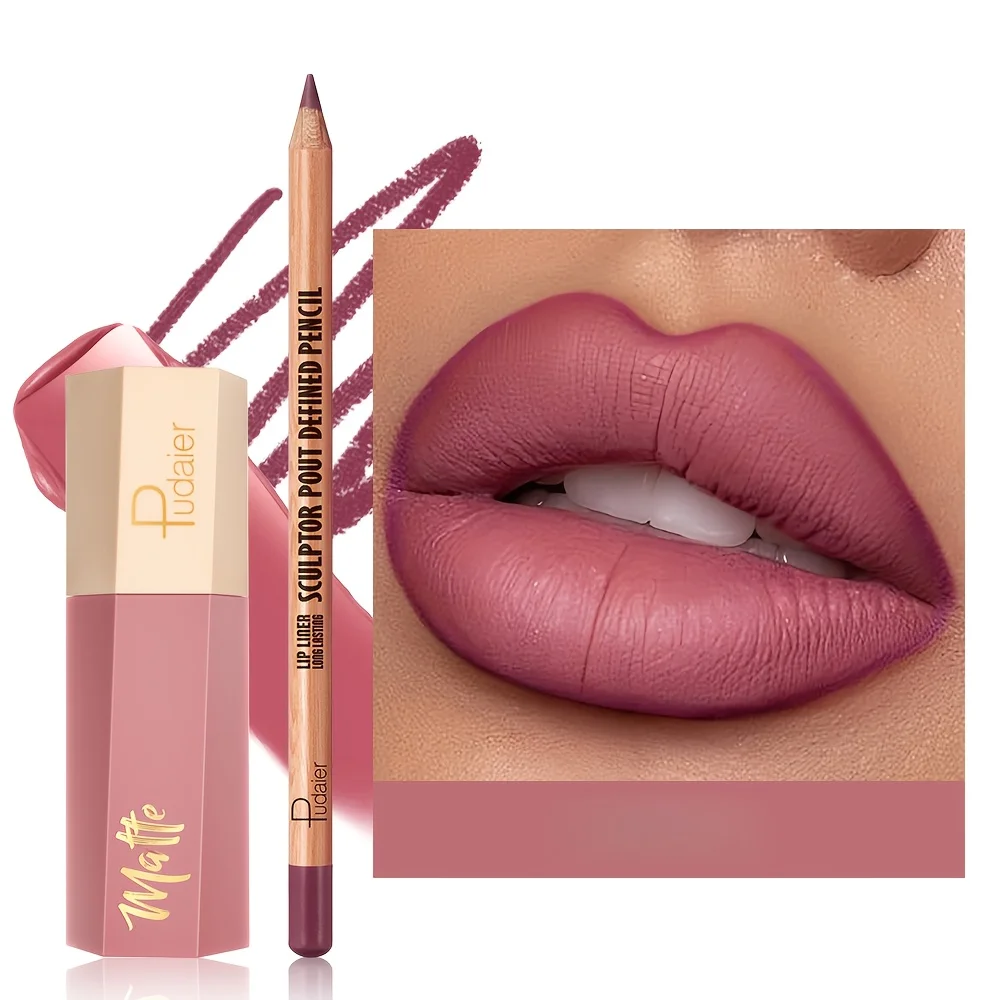 1 conjunto de brilho labial fosco e conjunto de canetas de delineador labial, de longa duração, à prova d'água, não é fácil de borrar, textura de veludo