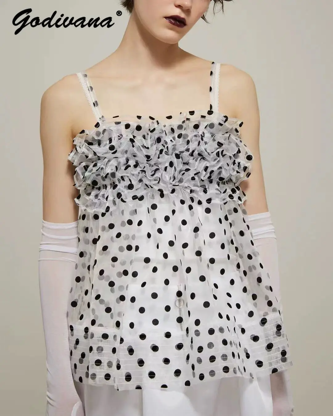 

Japanese Style New Summer Black and White Polka Dot Lace Organza Camisole Girl Female Sweet Puffy Sling Top Shirts