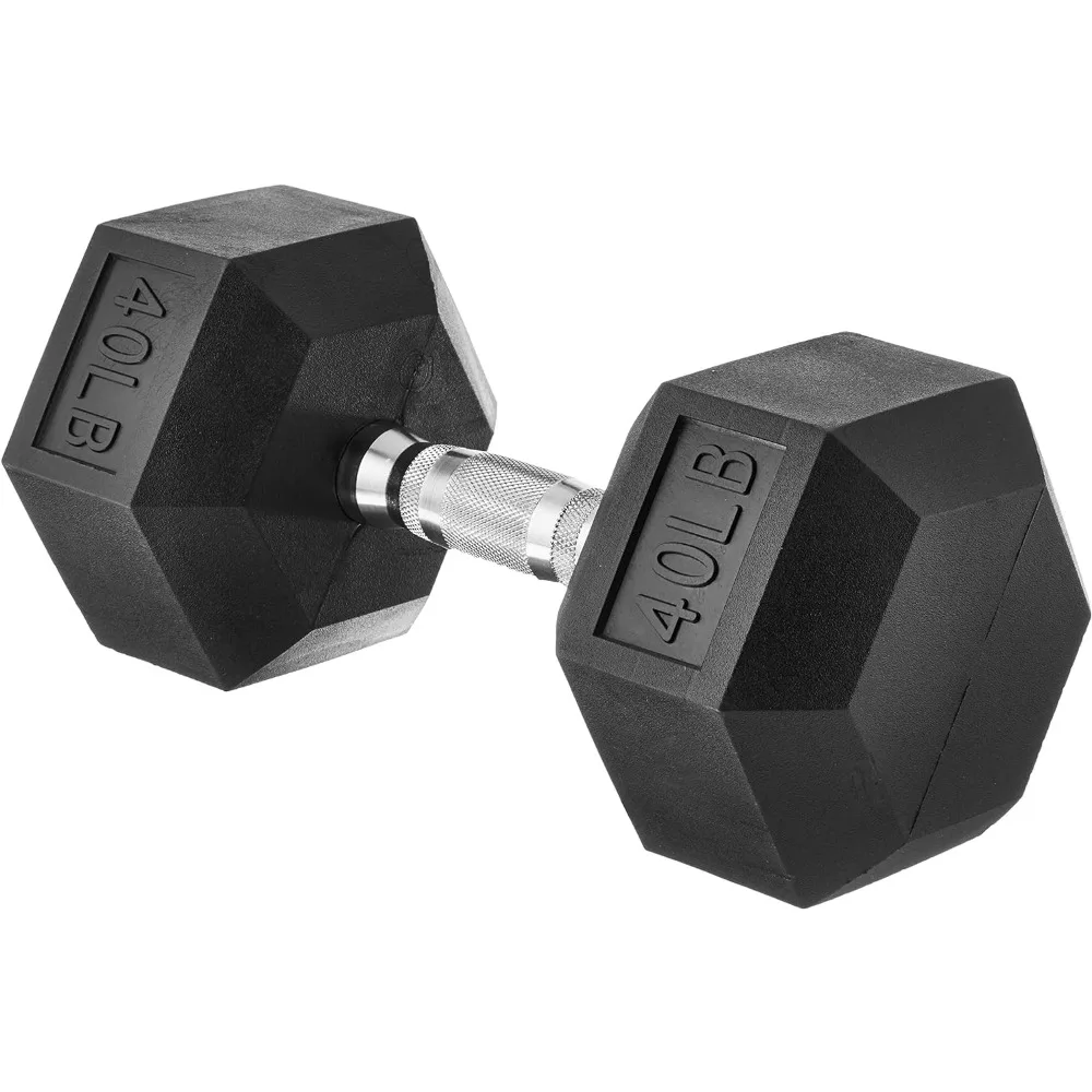 

Rubber Encased Exercise & Fitness Hex Dumbbell, Hand Weight for Strength Training, 40 lb, Black & Silver