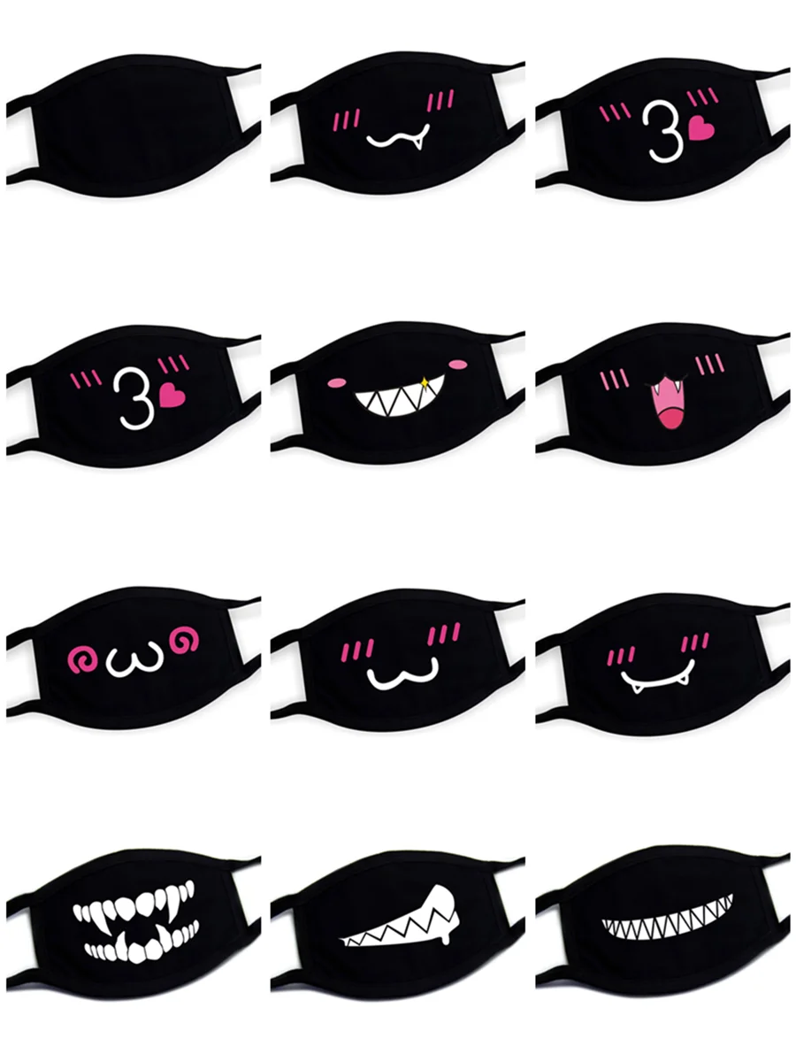 מסיכת פנים למסיבת אנימה יצירתית עם ביטוי מצחיק לפה, שחורה, אוניברסלית, לרכיבה Kpop, עמידה באבק, נושמת, קאוואי, חמודה