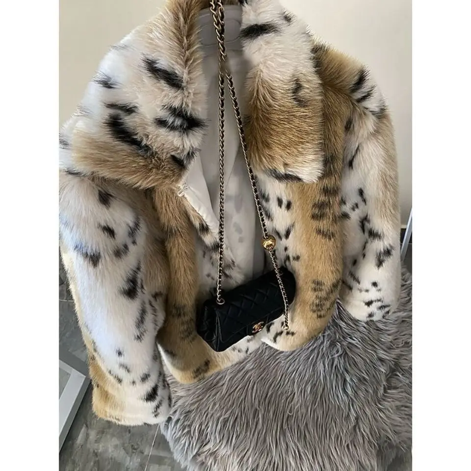 Luxury Faux Mink Fur Leopard Bomber Jacket Thick Gradient Imitation Fox Fur Dots Printed Coat Furry Cardigan Parka Tops Abrigos