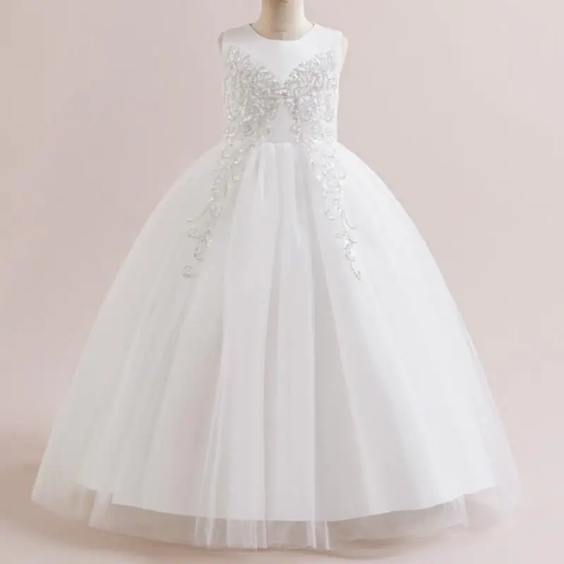 Summer New Youth Girls White Bow Sequin Decal Fashionable and Elegant Long Dress School Graduation Evening Dress