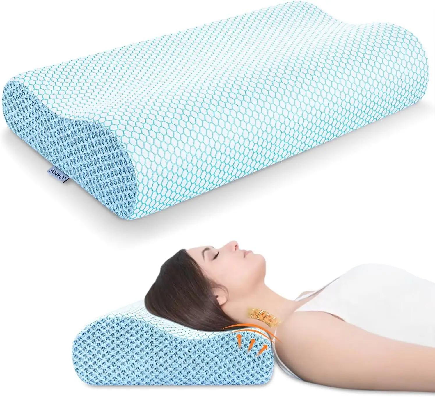 

Memory Foam Cervical Pillow for Neck Pain Relief, Ergonomic Design for Side Back Stomach Sleepers, Blue White Soft