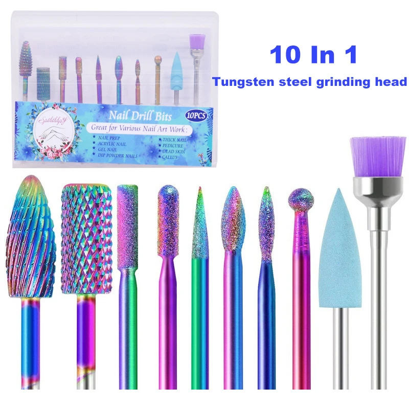 

10PCS Set of Nail Art Colorful Tungsten Steel Alloy Grinding Head Set Nail Surface Grinding and Removing Dead Skin Nail Tool