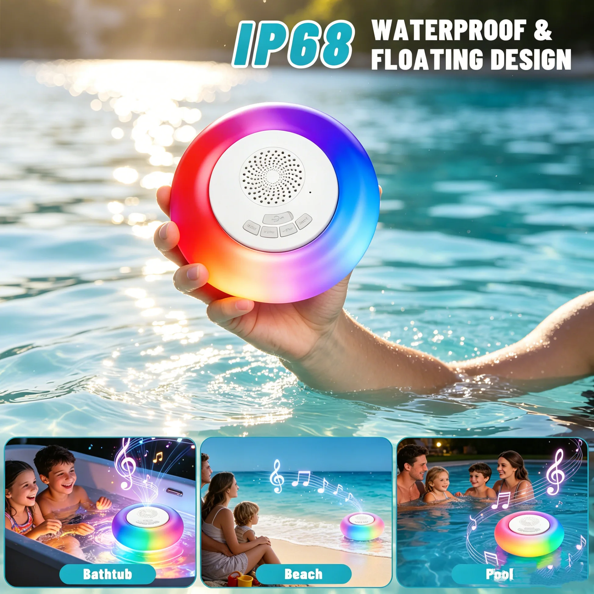2 Pack Floating Pool Lights with Bluetooth Speaker, IP68 RGB LED 2-in-1, 360° Surround Sound for Pool Spa Outdoor Party