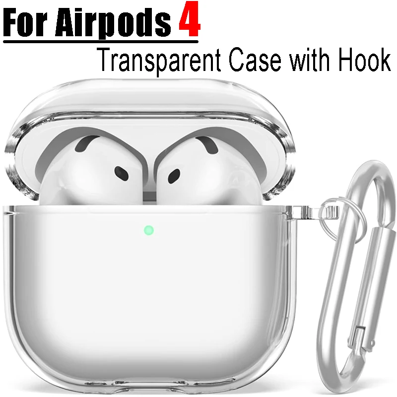 For Airpods 4 Cover Soft TPU Transparent Case Shockproof Protective Shell with Carabiner Clear Sleeve for Air Pods 4th Protector