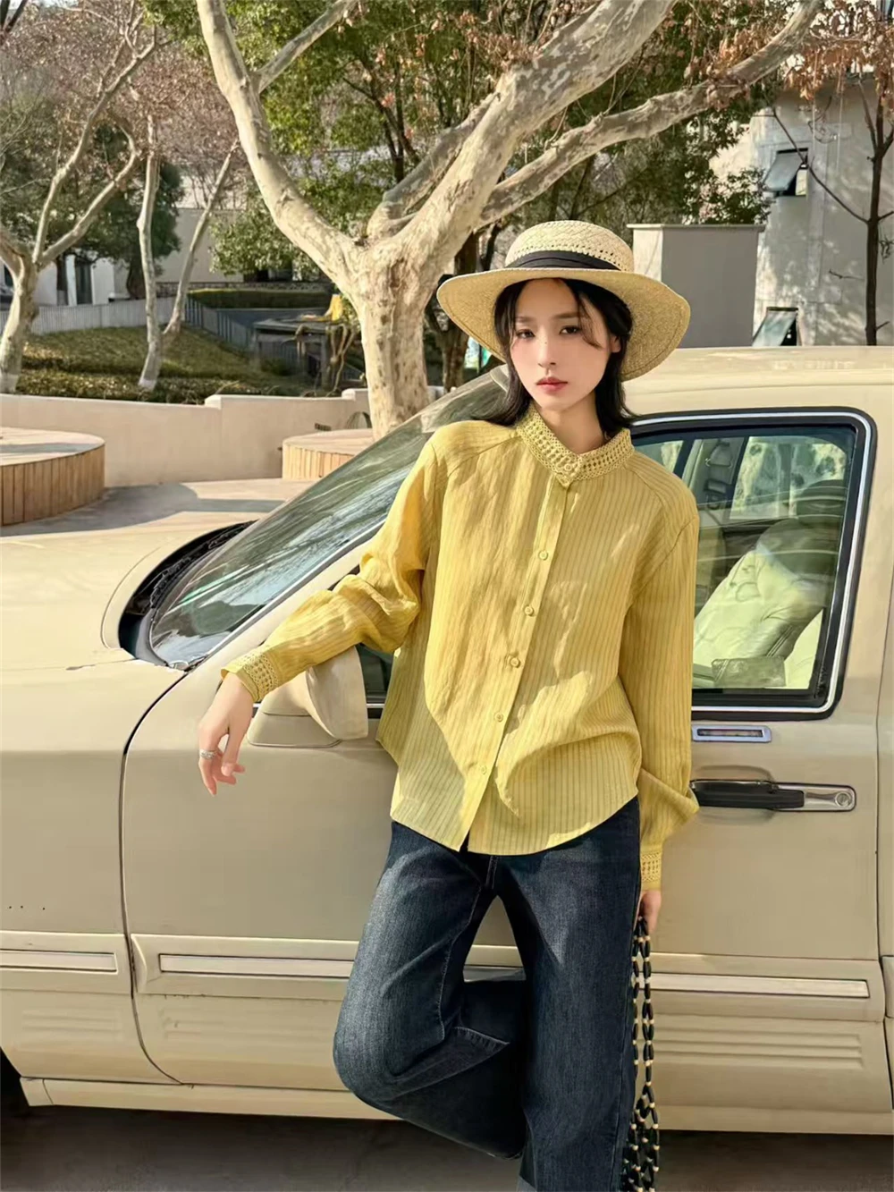 

Spring 2026 Women's Cotton Linen Shirt Lace Collar Breathable Skinny Stripe Top Age-Defying Artistic Style Long Sleeve Casual...