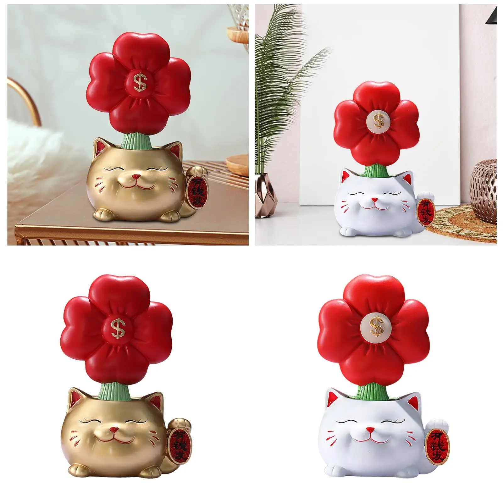 Estatuilla de gato de la suerte con decoración de flores Feng Shui para oficina, entrada, Hotel