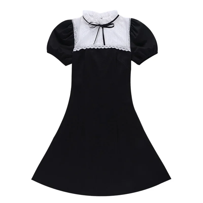 Vestido negro Punk para mujer, minivestido gótico con lazo y manga abullonada para fiesta, Lolita, Harajuku, con retazos de encaje, ceñido al cuerpo, Verano