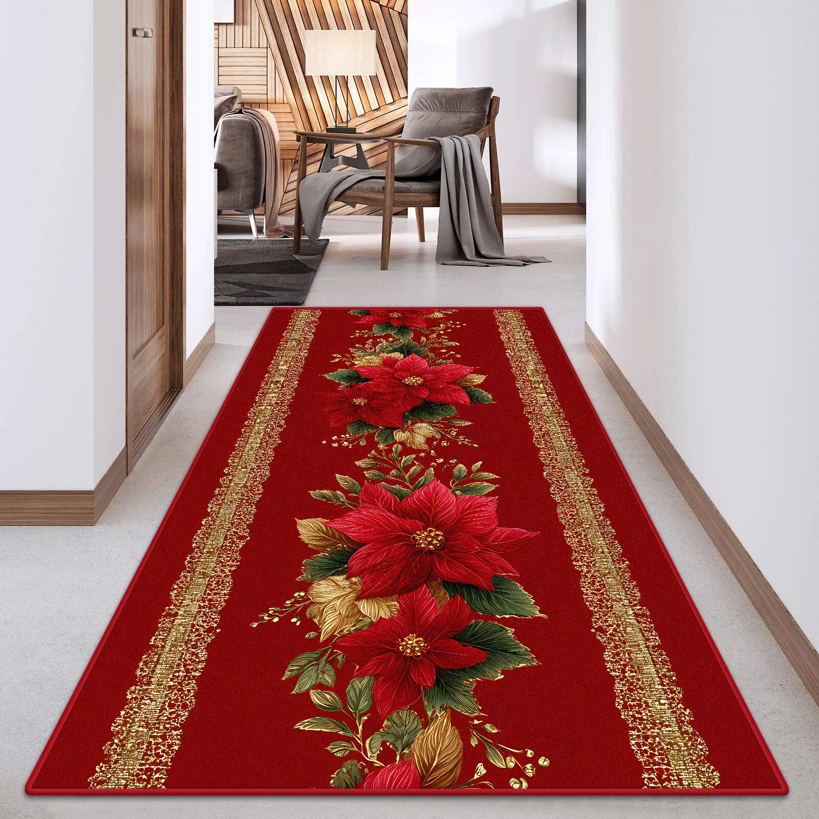 

Chinese Style Flower Design Villa Entryway Aisle Long Rug Red-gold Soft Corridor Decor Carpet Customizable Stairs Non-slip Mat