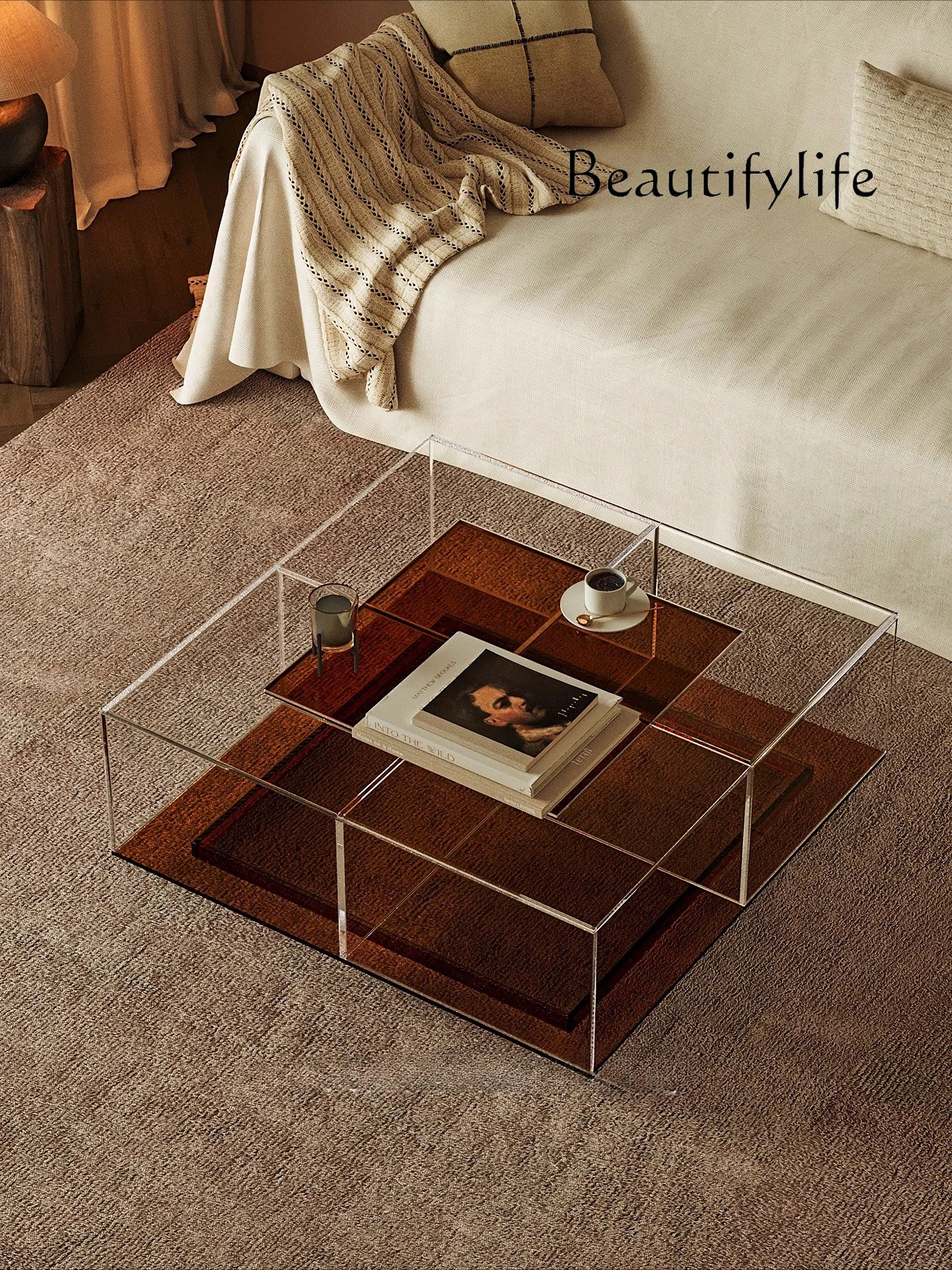 

Italian minimalist acrylic coffee table living room home light luxury high-end tea table black glass tea table