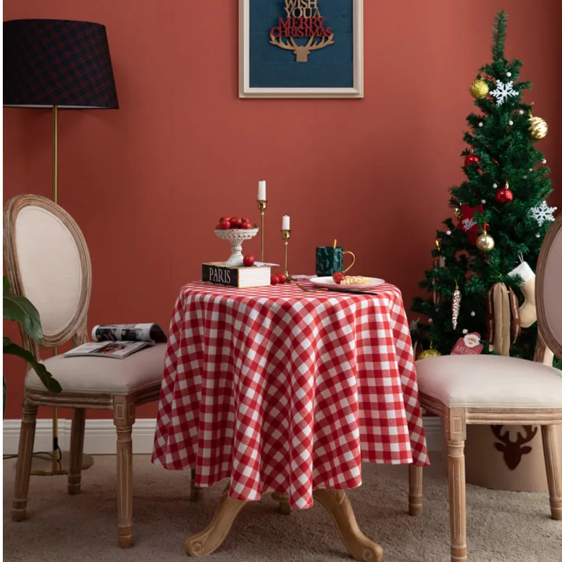 Ins Wind Nordic Christmas Red And White Plaid Tablecloth Cotton And Linen Round Dining Table Tablecloth Dropshipping MOOJOU