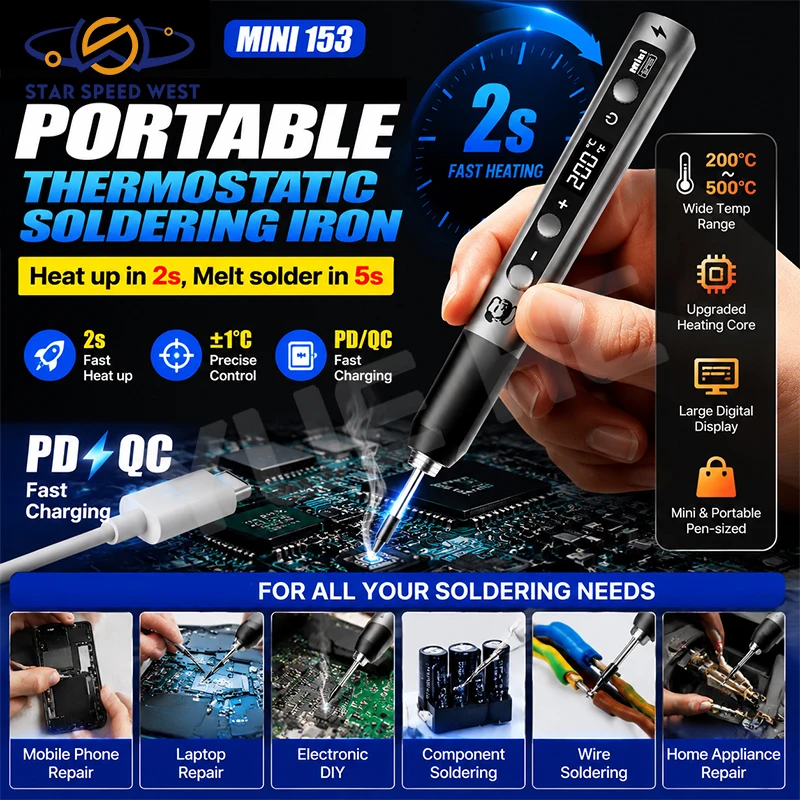 MECHANIC MINI 153 Portable Thermostatic Soldering Iron Digital Display 200℃-500℃ Adjustable Temp For Phone Soldering Repair