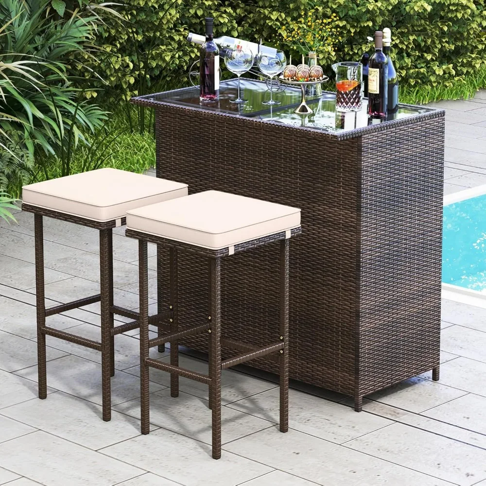 3 Piece Patio Bar Set, Outdoor Rattan Bar Table and 2 Stools with Tempered Glass Tabletop, 2-Tier Storage, Removable Cushions