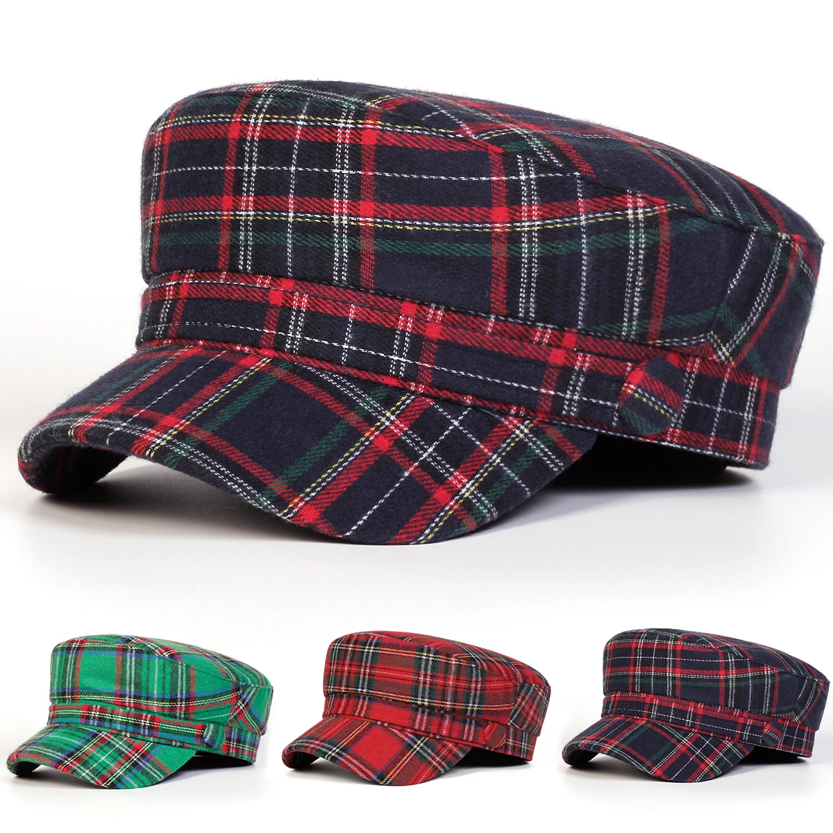 Unisex Plaid Military Hats Fashion Flat Top Baseball Caps For Women Outdoor Sports Cadet Sunscreen Hat