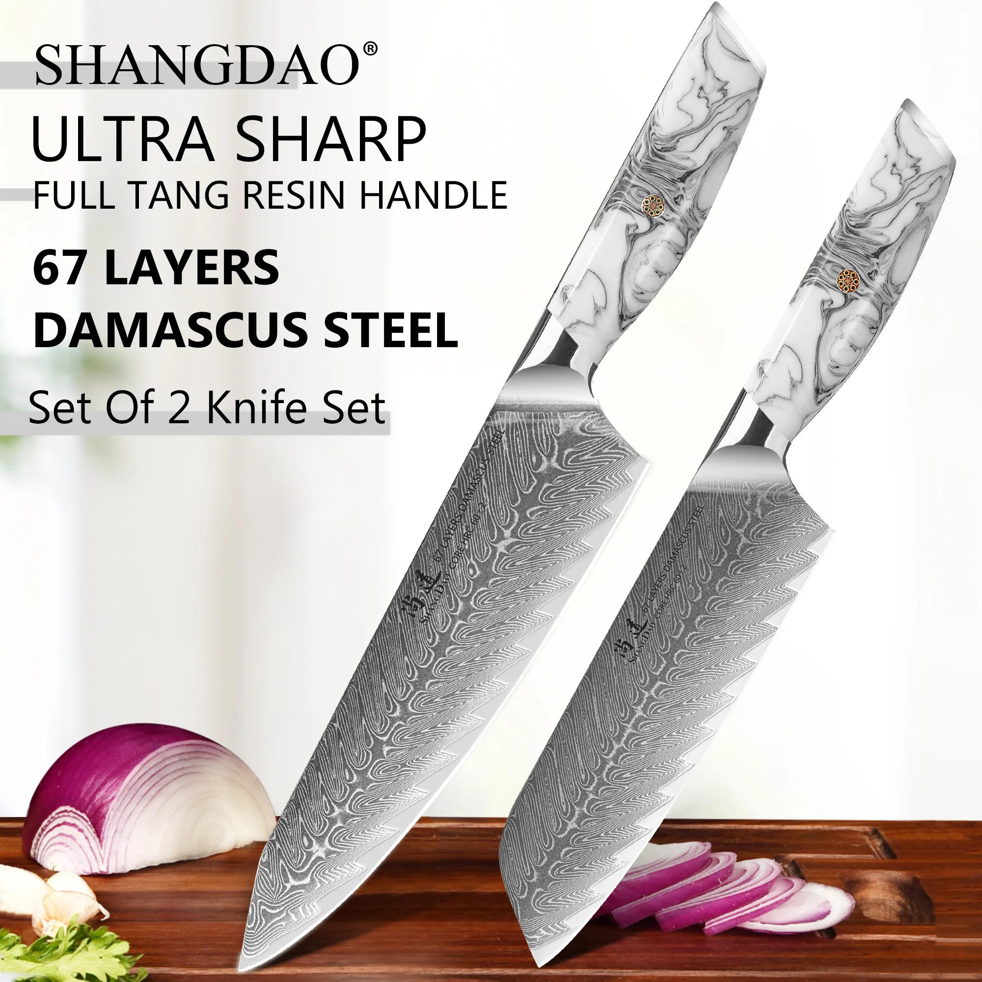 

SHANGDAO Professional 2pcs Kitchen Chef Knife Set, Damascus Forged Chef & Santoku Knife, Durable Resin Handle