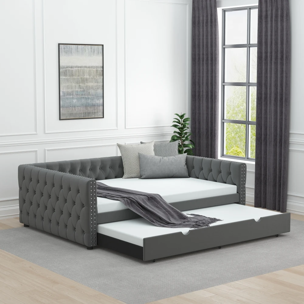 Daybed with Trundle Velvet Upholstered Tufted Sofa Bed, with OnSquare Arms, Full Daybed Twin Trundle for Bedroom, Living Room