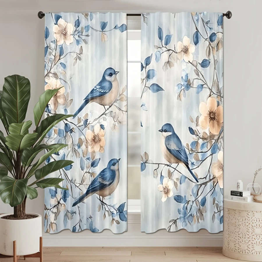 2PCS Digital Print  Curtain, Blue Bird Perched Branch, Botanical Print Window Drape for Living Room Bedroom Home Decor