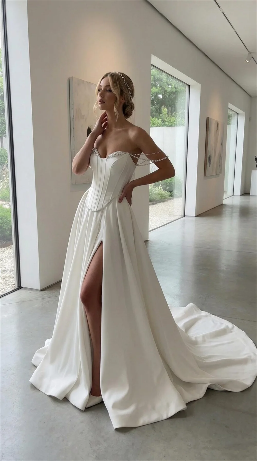 Kyoto Customized White Strapless Satin Wedding Dress Sleeveless Lace-Up Side High Split vestidos de noiva A-Line Evening Dress