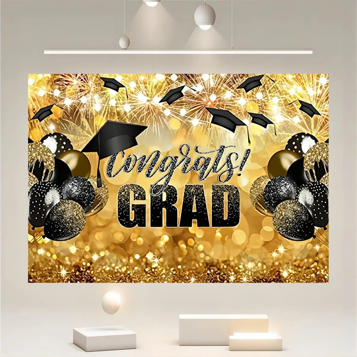 Congrats Graduation Black Gold Flash Graduation Party Decoration Background 2024 Celebration Ball Party Photography Pavilion