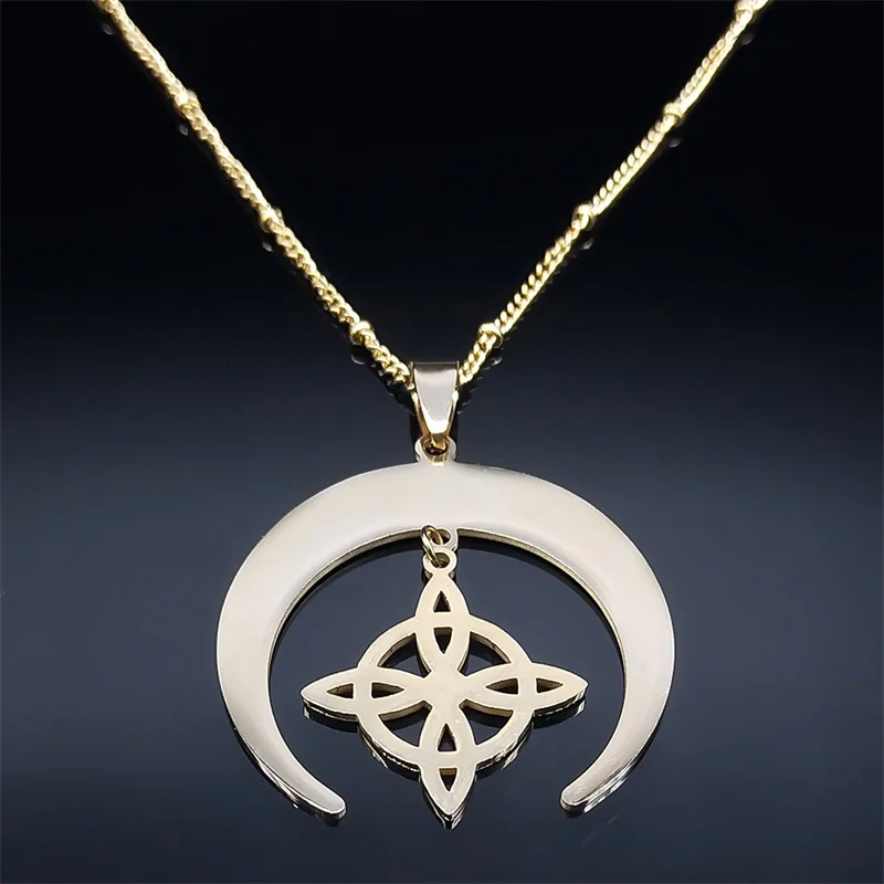 Hexenknoten-Halskette, Wicca-Halbmond, Keltischer Knoten, Edelstahl-Amulett-Halskette für Damen und Herren, Schmuck – Detail 6
