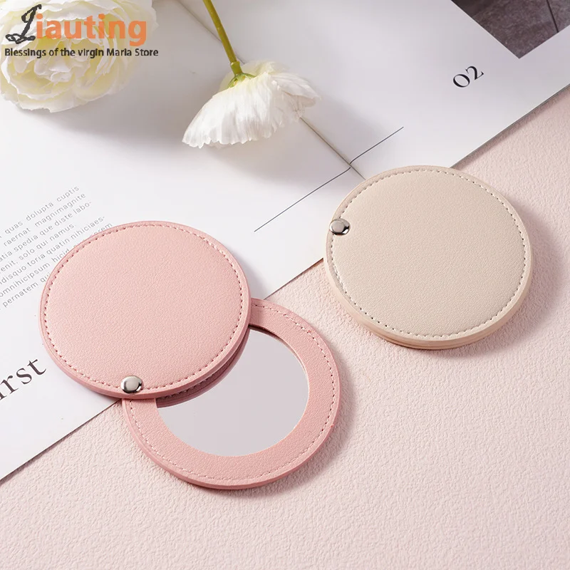 Espelho de maquiagem redondo ultrafino de couro pu, espelho cosmético de dupla face de aço inoxidável, espelho compacto de bolso dobrável para viagens