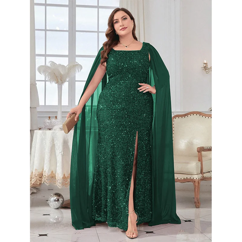 Plus Size Women\'s Sleeveless Sequined Evening Gown, Loose Chiffon Cape, Big Size, Square Neck,  Four Seasons, Luxury