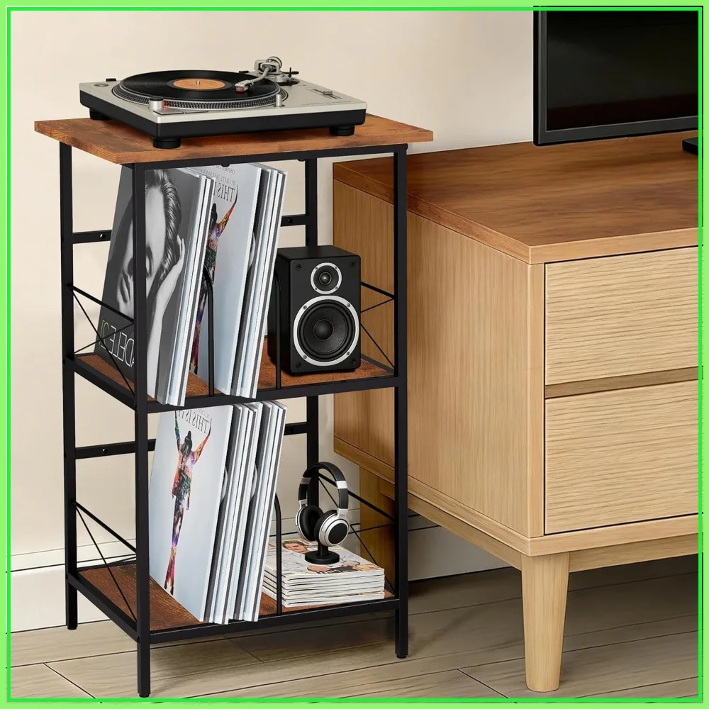 

Record Player Stand with 4 Adjustable Dividers, Holds 200 LPs, 3-Tier End Table, Rustic Brown