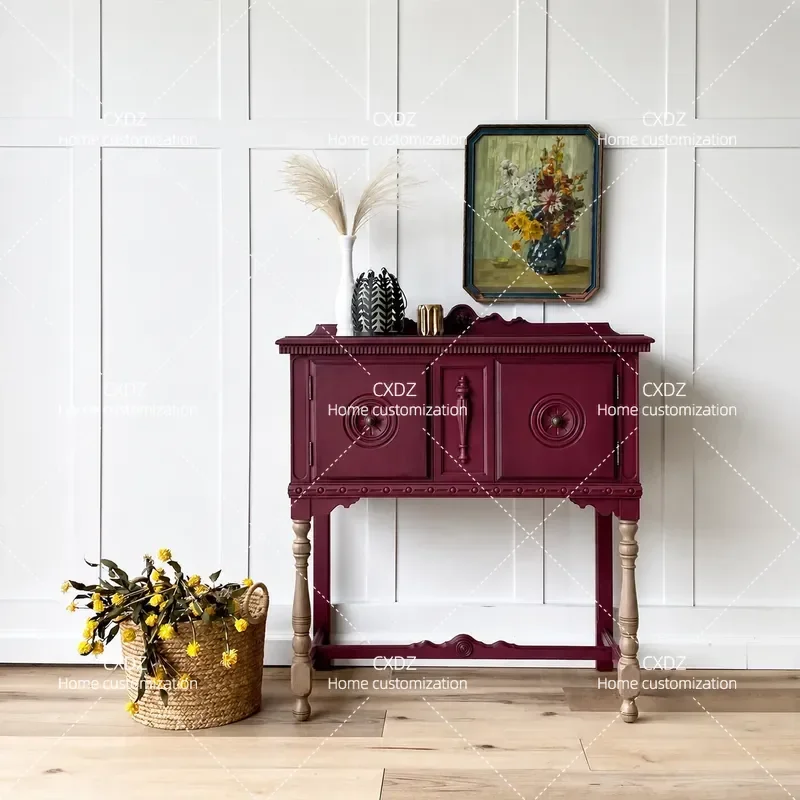 Retro Burgundy Solid Wood Porch Cabinet American Country Style Dining Sideboard with Contrasting Color Log Legs Storage