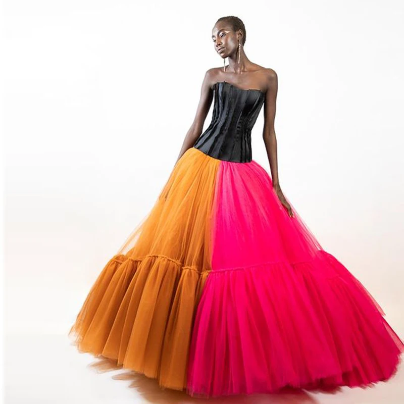 

Unique Mix Color Fuchsia&Gold A-line Puffy Long Tutu Tulle Skirts Ruched Lush Tulle Bridal Skirt Women Maxi Long Tulle Skirt