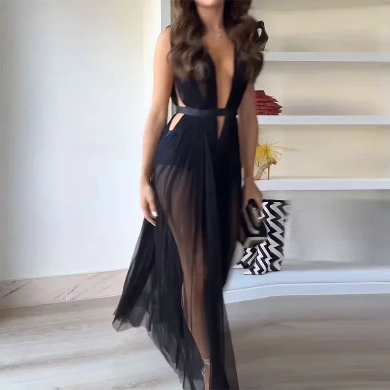 Sexy V-neck Backless Solid Loose Beach Dress Fashion Lace-up Waist Pleated Party Dress Women Elegant See-through Mesh Long Dress