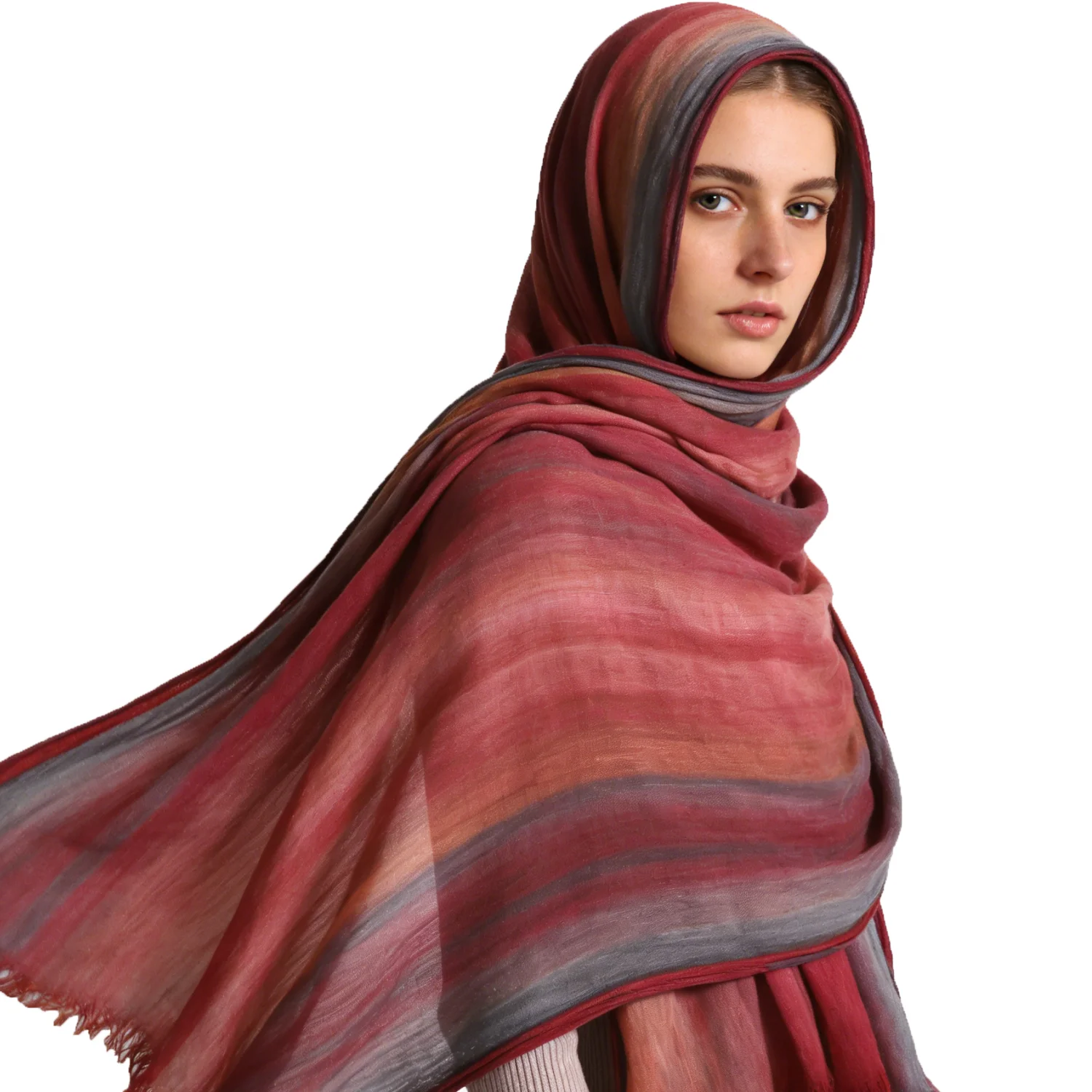 

Женский мусульманский хиджаб из вискозы с эффектом омбре, новый стиль с принтом, длинный шарф, красочный мягкий платок, легкий летний головной убор