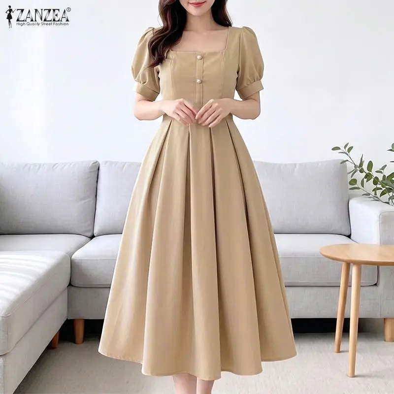 ZANZEA Elegantes Damen-Party-Midikleid mit umgekehrten Falten, quadratischer Ausschnitt, Puffärmel, A-Linien-Kleider, Sommerkleid, Dete Night Vestidos – Detail 7