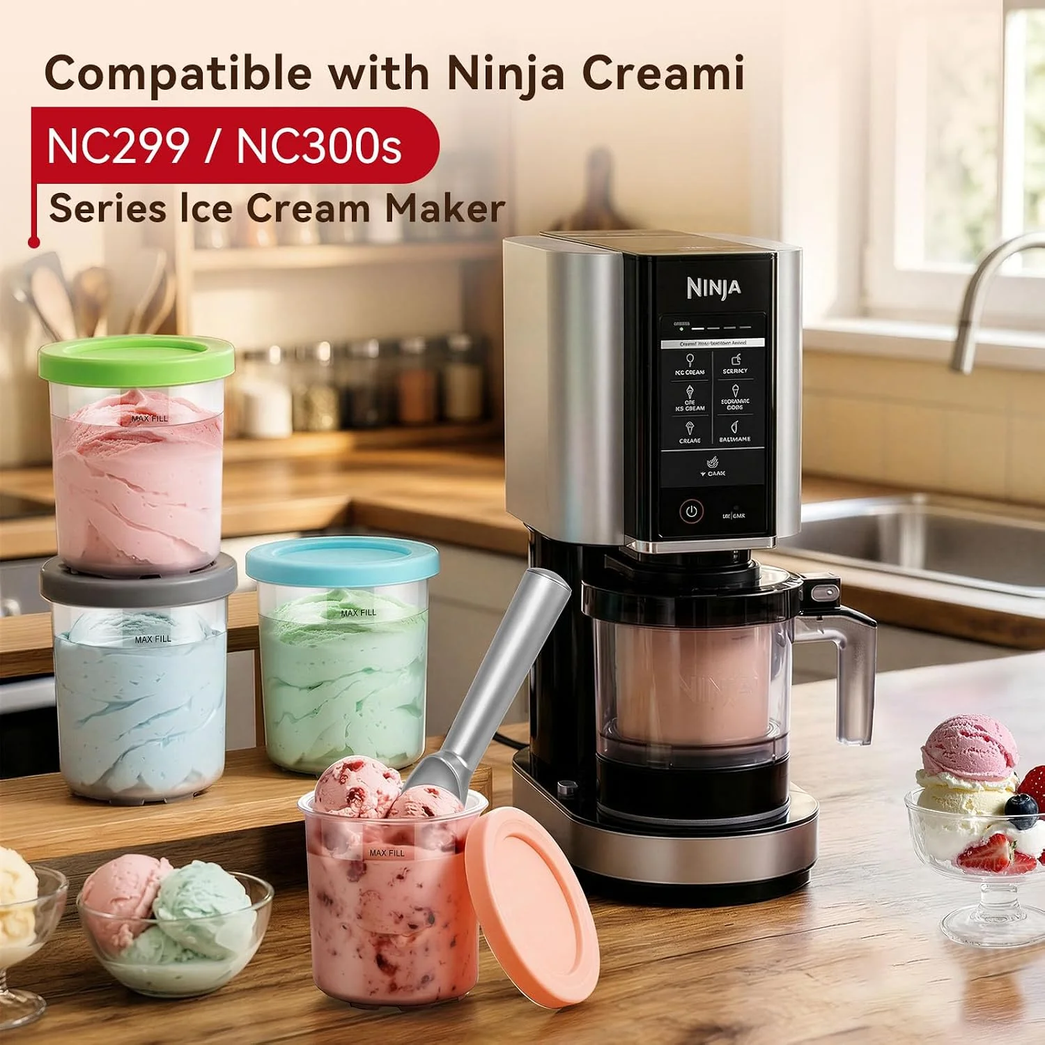Ice Cream Pint Containers for Ninja NC299AMZ NC300s BPA-Free Dishwasher Safe Ice Cream Maker Replacement Parts