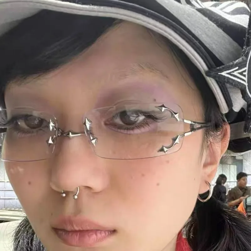 Vintage Rimless Square Star Glasses Spicy Girls Streetwear Harajuku Sunglasses Women Men Square Frame Anti-Blue Light Eyewear view 2